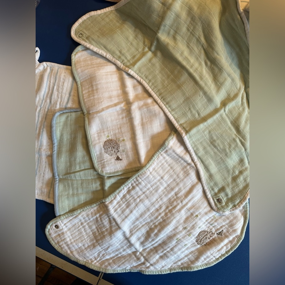 COYUCHI Set of 5 Green, White, Blue Baby Bibs and cloths